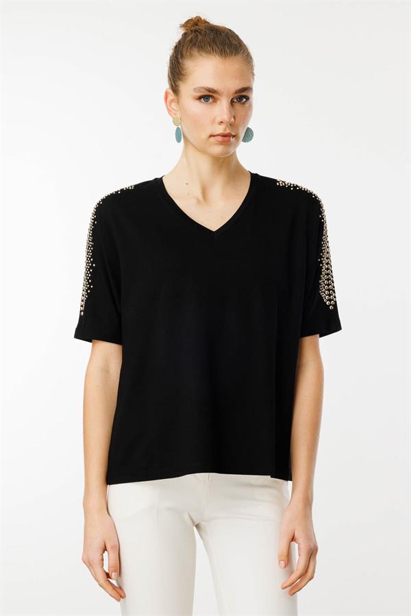 Kadın V Yaka Omuzları Taşlı Penye T-shirt Siyah