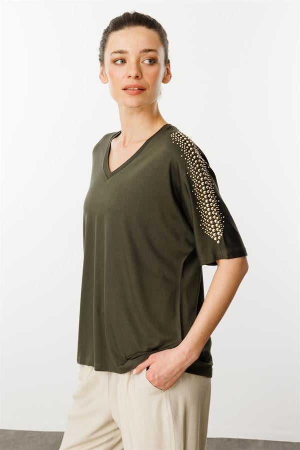 Kadın V Yaka Omuzları Taşlı Penye T-shirt Haki
