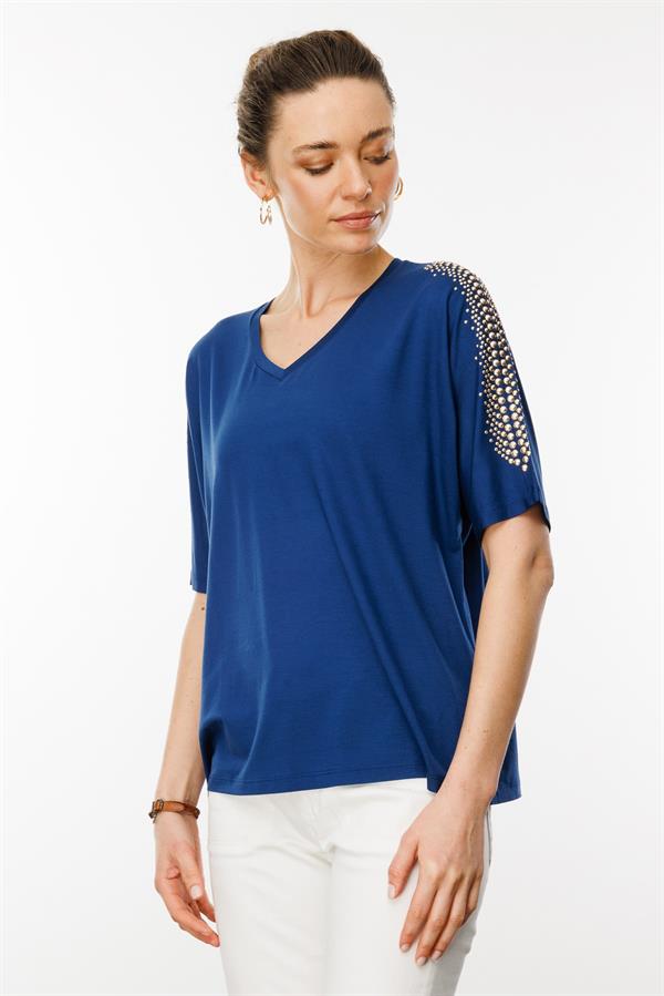 Kadın V Yaka Omuzları Taşlı Penye T-shirt İndigo