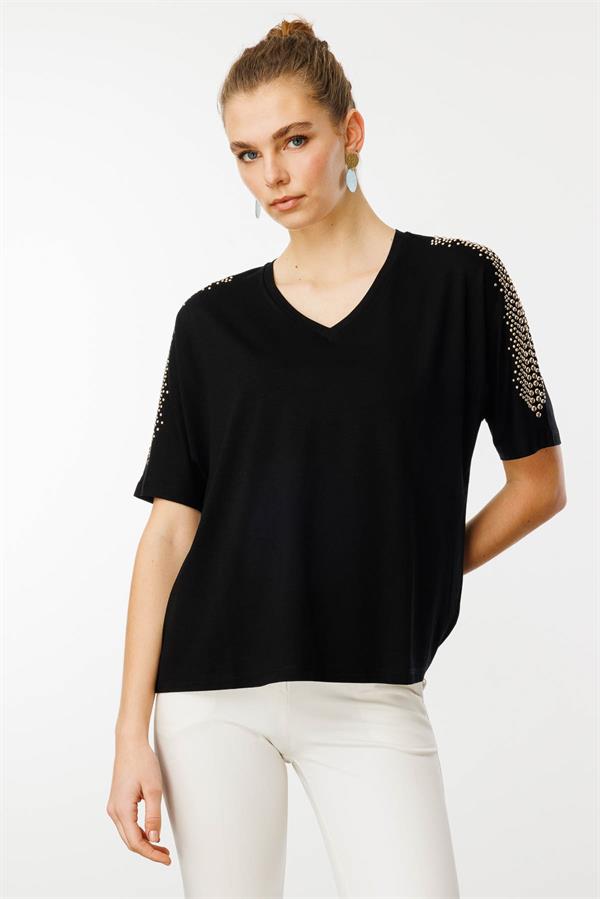 Kadın V Yaka Omuzları Taşlı Penye T-shirt Siyah