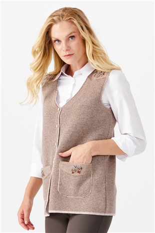 Женский жилет на пуговицах с v-образным вырезом и карманом на плече с отделкой , бежевый