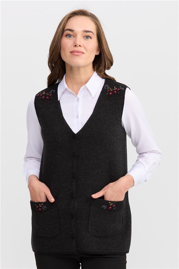 Womens V-Neck Buttoned Waistcoat With Shoulder Pocket With Trim  Black