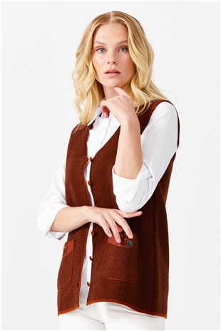 Женский жилет на пуговицах с v-образным вырезом и карманом на плече с отделкой , коричневый 