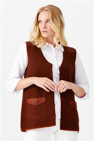 Женский жилет на пуговицах с v-образным вырезом и карманом на плече с отделкой , коричневый 