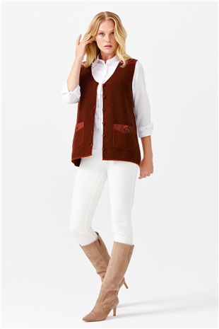Женский жилет на пуговицах с v-образным вырезом и карманом на плече с отделкой , коричневый 
