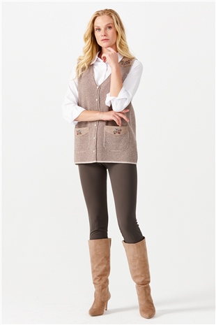 Женский жилет на пуговицах с v-образным вырезом и карманом на плече с отделкой , бежевый