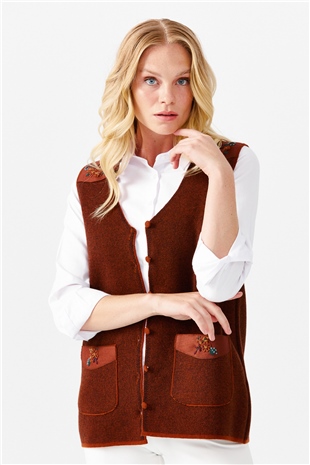 Женский жилет на пуговицах с v-образным вырезом и карманом на плече с отделкой , коричневый 