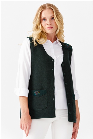 Женский жилет на пуговицах с v-образным вырезом и карманом на плече с отделкой , зеленый 