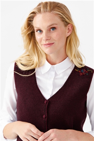 Женский жилет на пуговицах с v-образным вырезом и карманом на плече с отделкой , темно сливовый