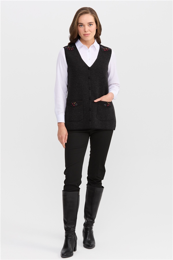 Womens V-Neck Buttoned Waistcoat With Shoulder Pocket With Trim  Black