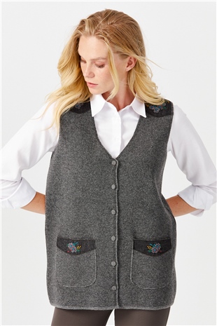 Женский жилет на пуговицах с v-образным вырезом и карманом на плече с отделкой , дымчатый