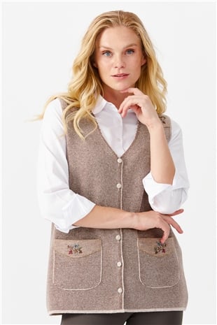 Женский жилет на пуговицах с v-образным вырезом и карманом на плече с отделкой , бежевый