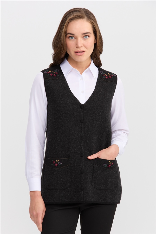 Womens V-Neck Buttoned Waistcoat With Shoulder Pocket With Trim  Black