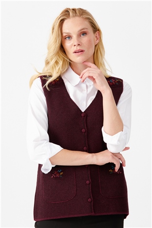 Женский жилет на пуговицах с v-образным вырезом и карманом на плече с отделкой , темно сливовый