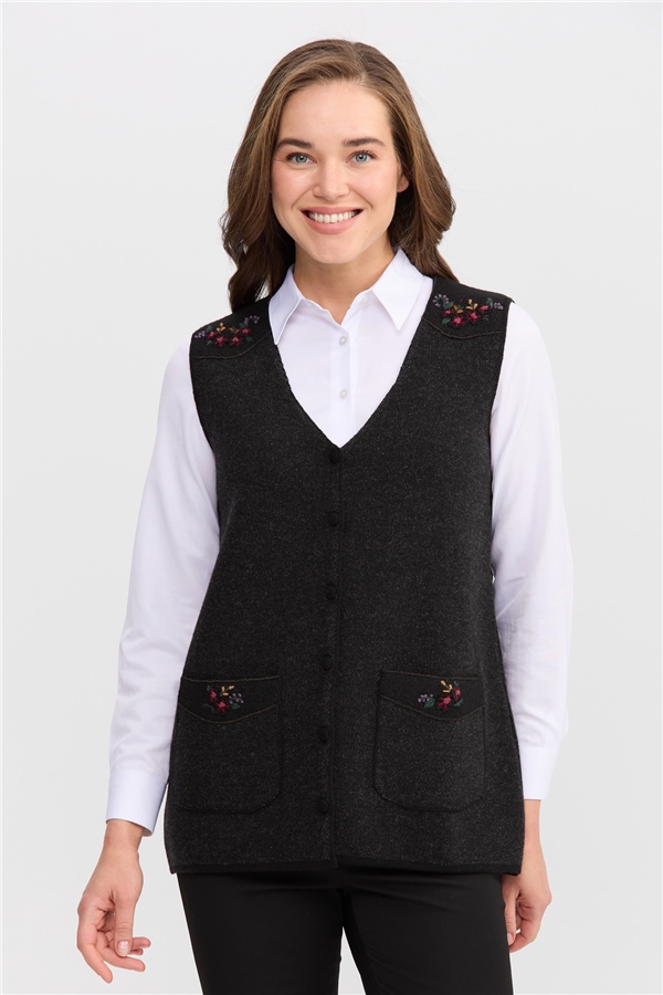 Womens V-Neck Buttoned Waistcoat With Shoulder Pocket With Trim  Black