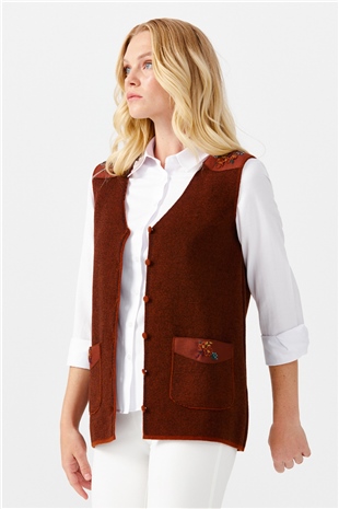 Женский жилет на пуговицах с v-образным вырезом и карманом на плече с отделкой , коричневый 