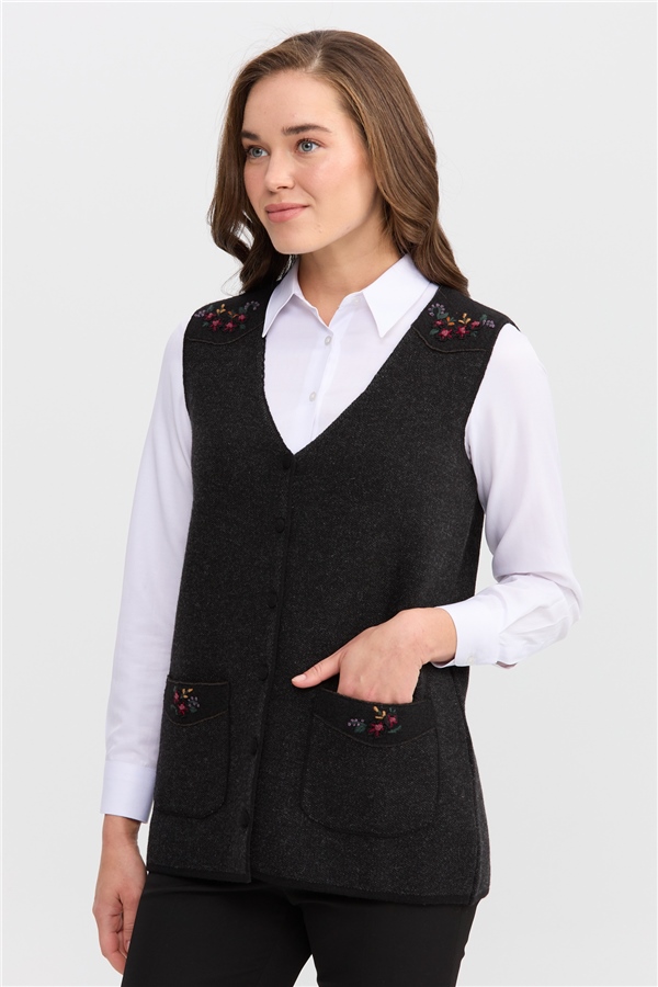 Womens V-Neck Buttoned Waistcoat With Shoulder Pocket With Trim  Black