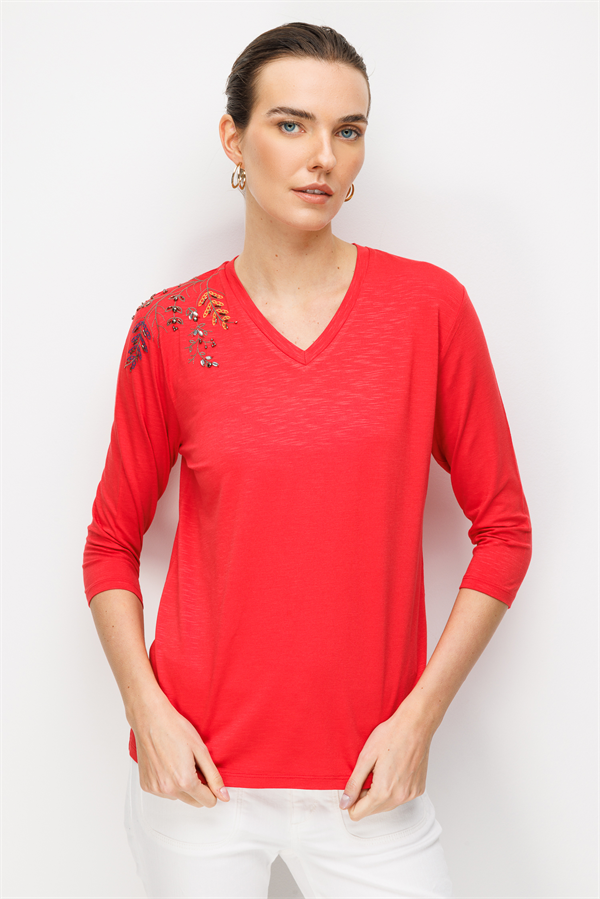 Kadın V Yaka Omuzu Nakış İşlemeli Penye Bluz Mercan