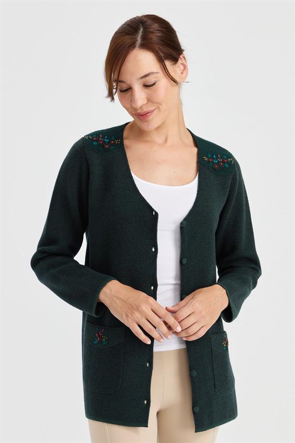 Женская шерстяная куртка с v-образным вырезом и карманами из фетра с вышивкой