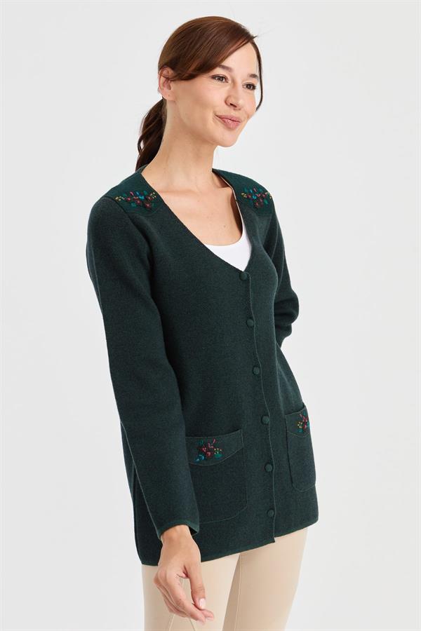 Женская шерстяная куртка с v-образным вырезом и карманами из фетра с вышивкой