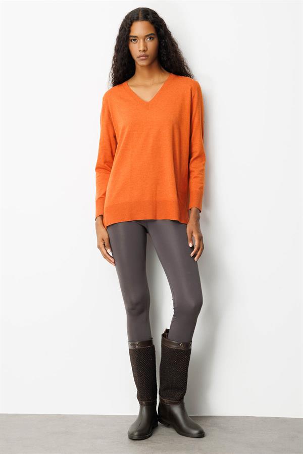 Kadın V Yaka Önü Arkası Yırtmaçlı Kazak Turuncu