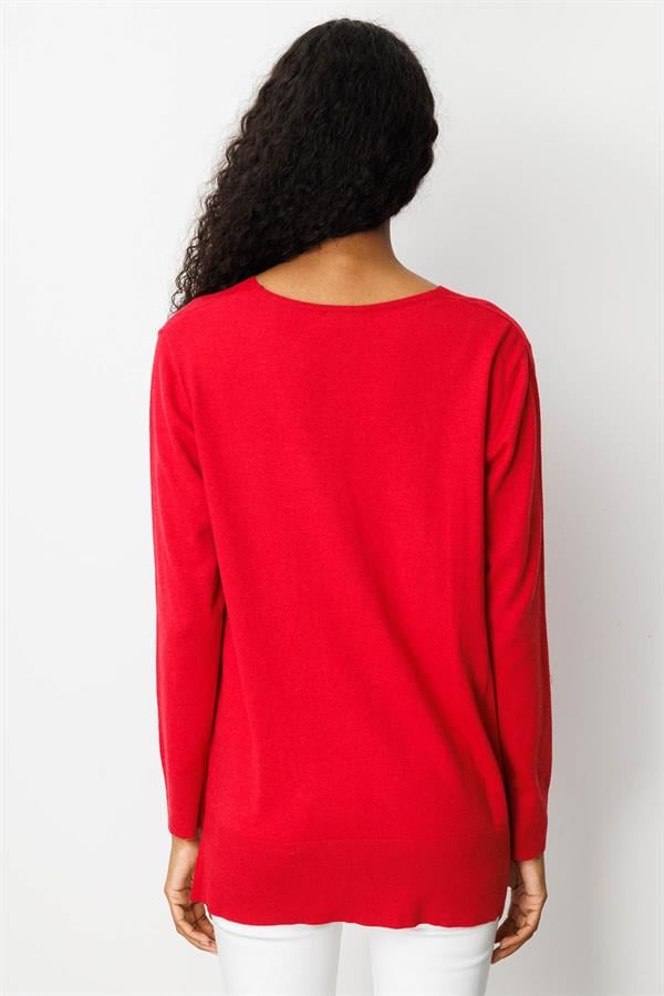 Kadın V Yaka Önü Arkası Yırtmaçlı Kazak K.Kırmızı