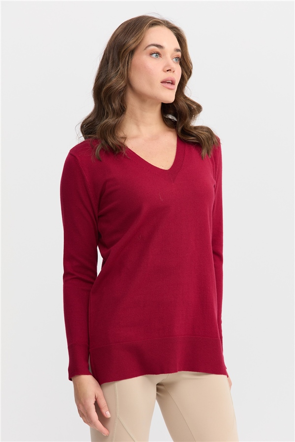 Женский свитер с v-образным вырезом спереди и сзади, вишневый 