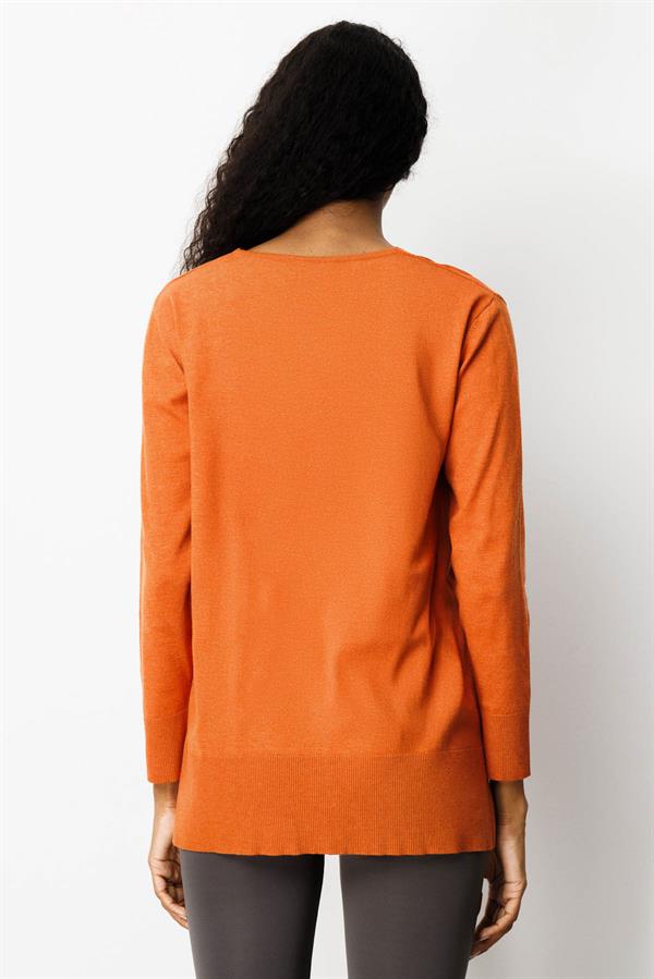 Kadın V Yaka Önü Arkası Yırtmaçlı Kazak Turuncu