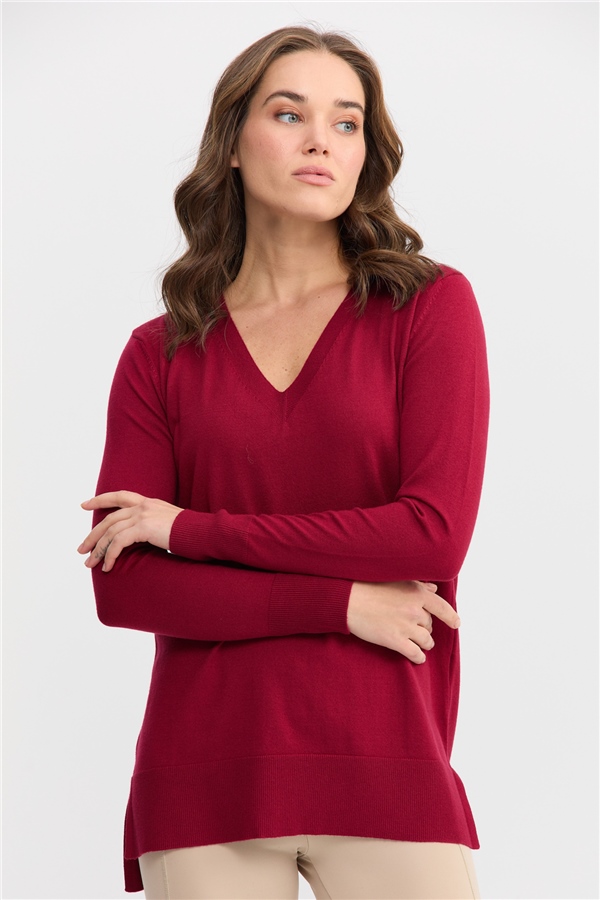Женский свитер с v-образным вырезом спереди и сзади, вишневый 