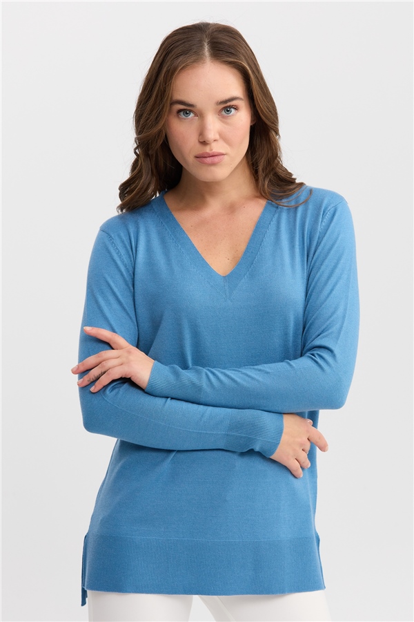 Женский свитер с v-образным вырезом спереди и сзади, голубой 