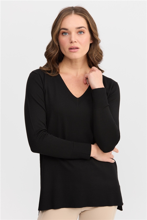 Женский свитер с v-образным вырезом спереди и сзади, черный 