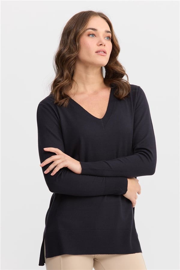 Женский свитер с v-образным вырезом спереди и сзади, синий 