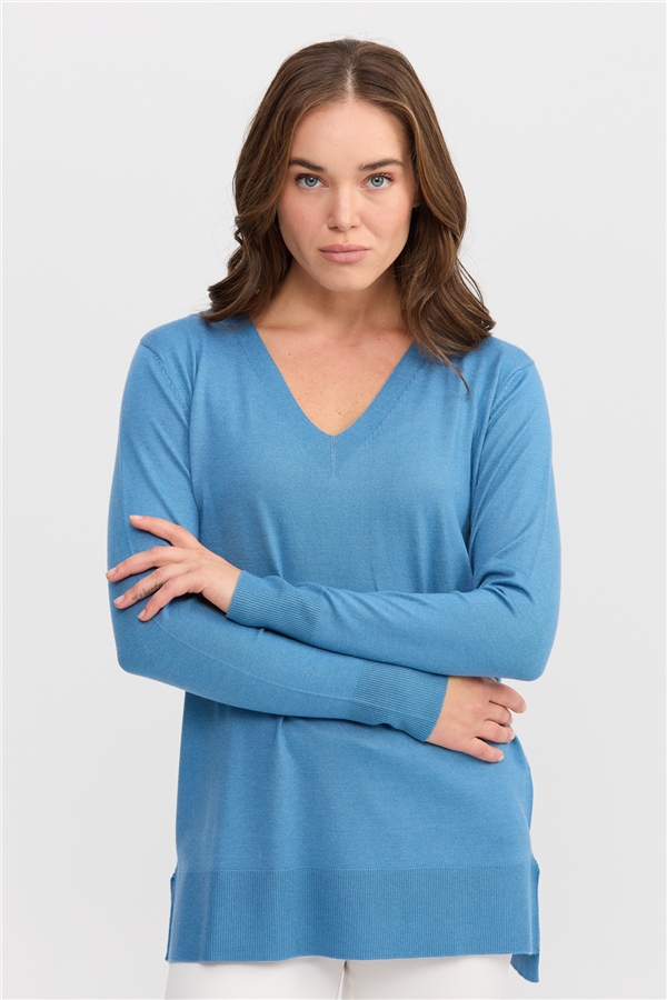 Женский свитер с v-образным вырезом спереди и сзади, голубой 