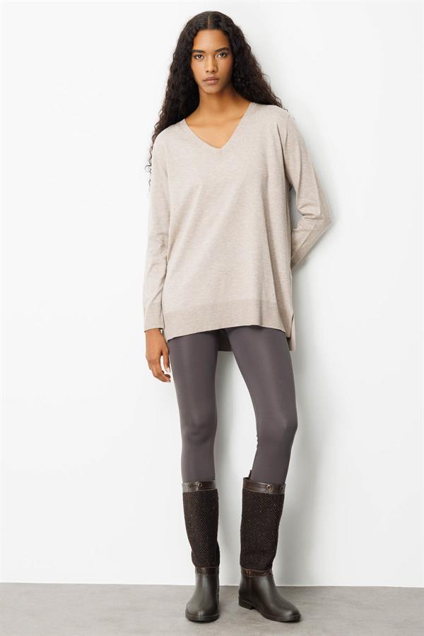 Kadın V Yaka Önü Arkası Yırtmaçlı Kazak Vizon