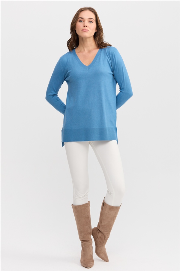 Женский свитер с v-образным вырезом спереди и сзади, голубой 