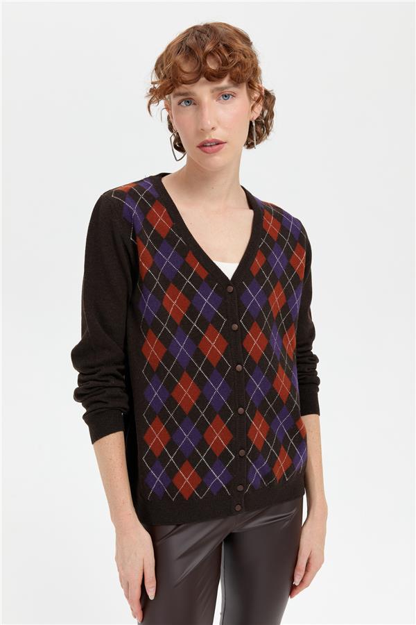 Kadın V Yaka Önü Baklavalı Hırka K.Kahve