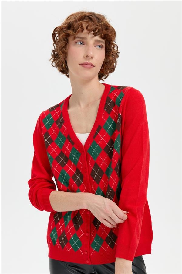 Kadın V Yaka Önü Baklavalı Hırka Mercan