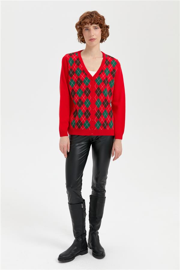 Kadın V Yaka Önü Baklavalı Hırka Mercan