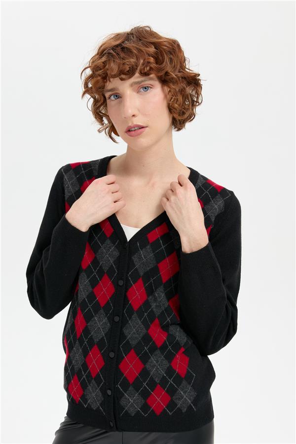 Kadın V Yaka Önü Baklavalı Hırka Siyah