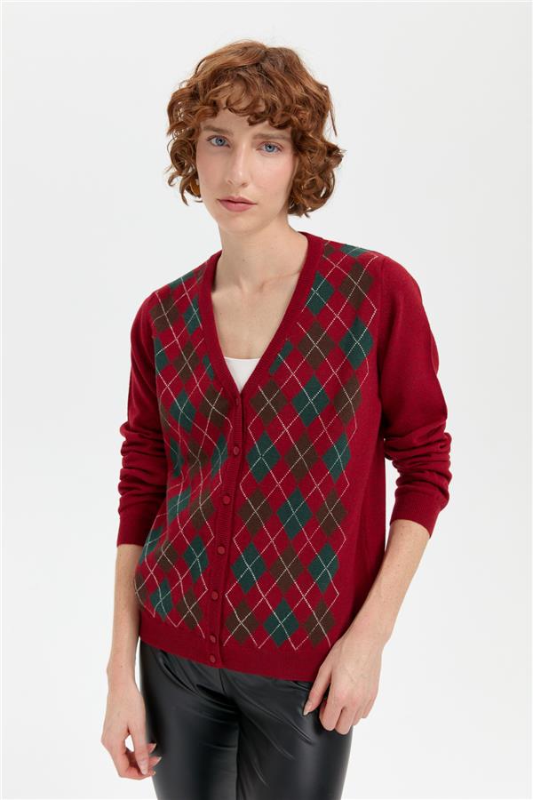 Kadın V Yaka Önü Baklavalı Hırka V.Kırmızı