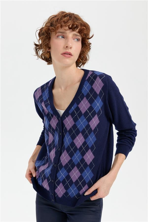 Kadın V Yaka Önü Baklavalı Hırka Y.A Lacivert