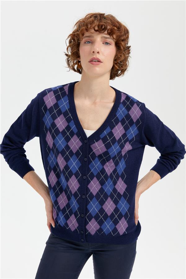 Kadın V Yaka Önü Baklavalı Hırka Y.A Lacivert