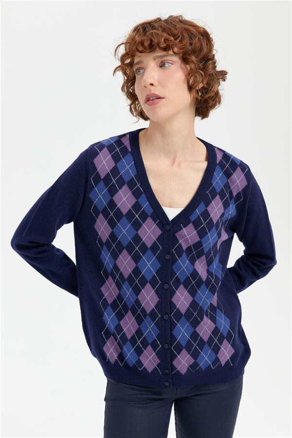 Kadın V Yaka Önü Baklavalı Hırka Y.A Lacivert