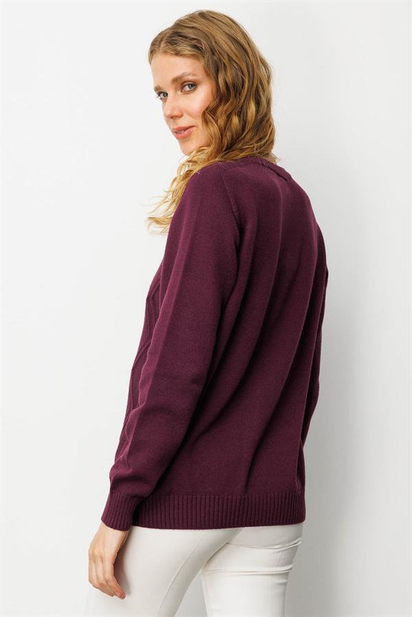 Kadın V Yaka Önü Baklava İşlemeli Ceket Mürdüm