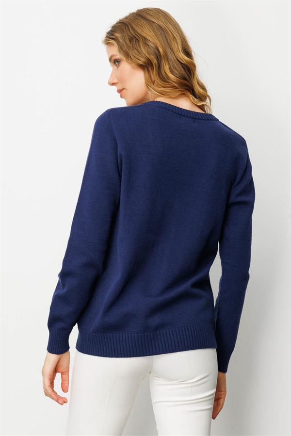 Kadın V Yaka Önü Baklava İşlemeli Ceket Lacivert