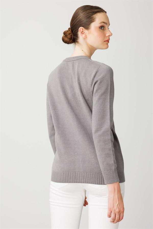 Kadın V Yaka Önü Baklava İşlemeli Ceket Füme