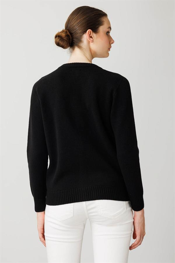 Kadın V Yaka Önü Baklava İşlemeli Ceket Siyah