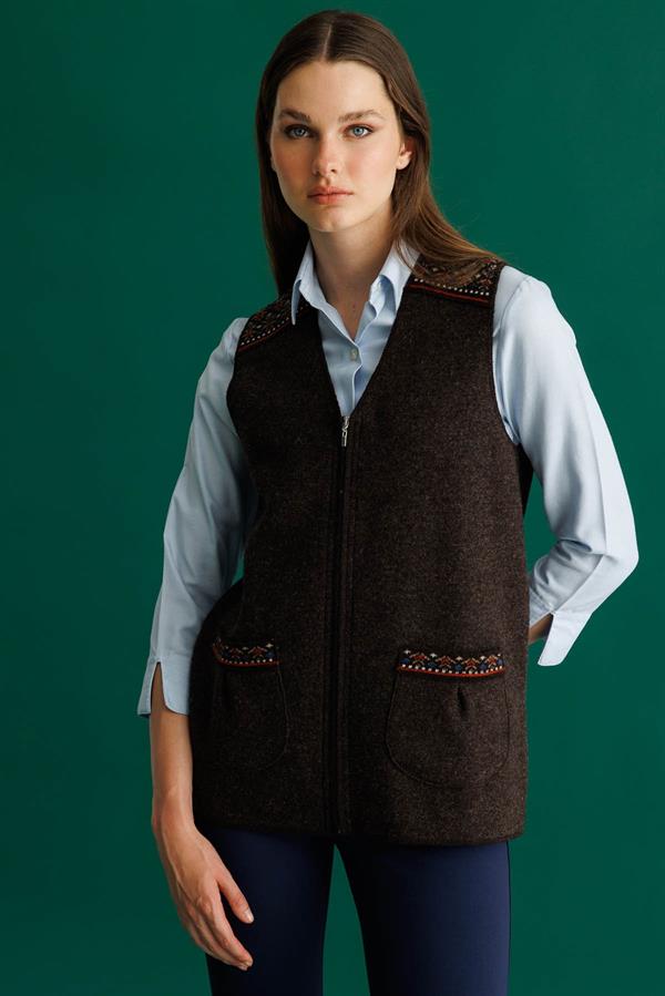 Kadın V Yaka Önü Keçe Fermuarlı Kısa Yün Yelek K.Kahve