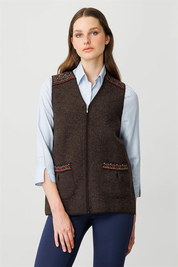 Kadın V Yaka Önü Keçe Fermuarlı Kısa Yün Yelek K.Kahve