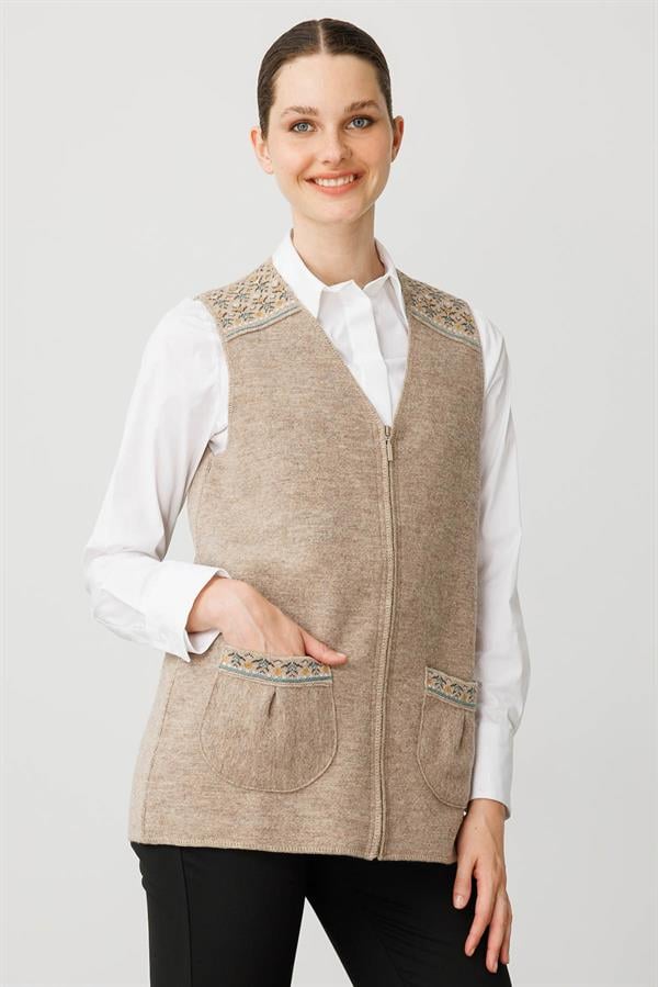 Kadın V Yaka Önü Keçe Fermuarlı Kısa Yün Yelek K.Bej